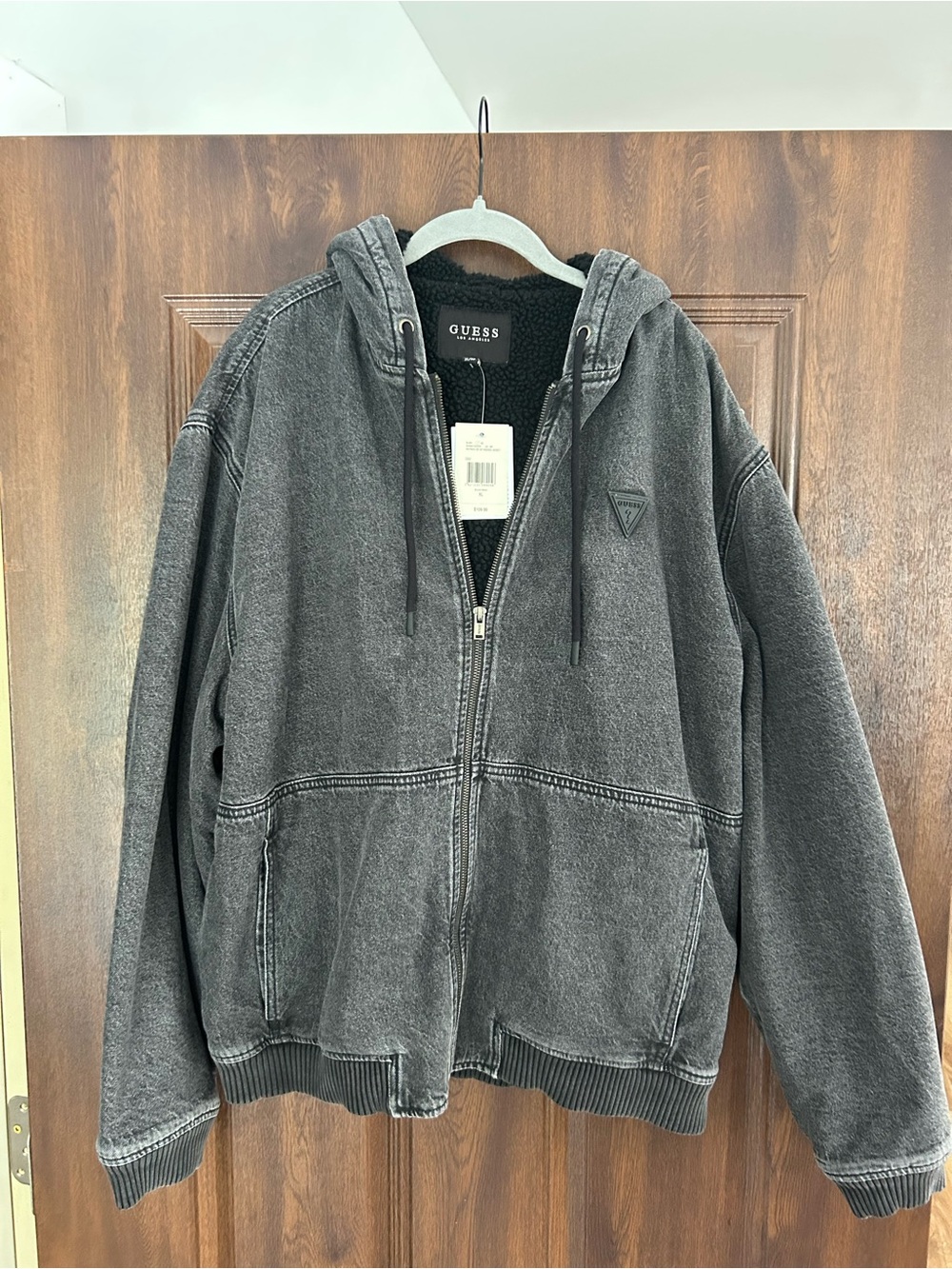 GUESS Men’s Washed Black Sherpa-Lined Zip Hoodie Jacket